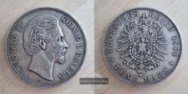  Deutsches Kaiserreich. Bayern, Ludwig II.  5 Mark  1874 D   FM-Frankfurt Feinsilber: 25g   