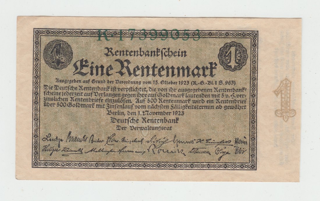  Ro. 154 a, 1 Rentenmark vom 01.11.1923, K.17399053, Reichsdruck, fast kassenfrisch I-   
