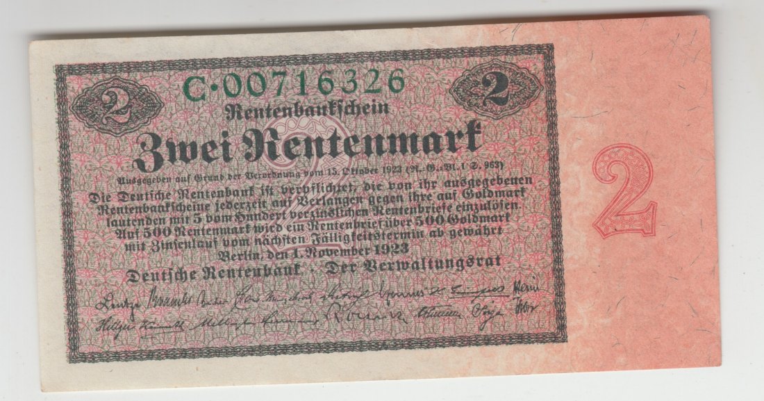  Ro. 155, 2 Rentenmark vom 01.11.1923, C.00716326, fast kassenfrisch I-II   