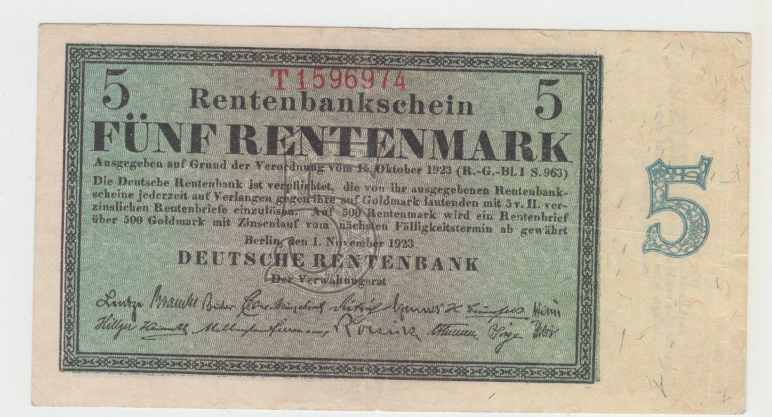  Ro. 156 b, Rentenbankschein, 5 Rentenmark vom 01.11.1923, T 1596974, leicht gebraucht II   