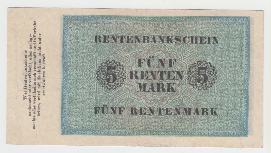  Ro. 156 b, Rentenbankschein, 5 Rentenmark vom 01.11.1923, T 1596974, leicht gebraucht II   