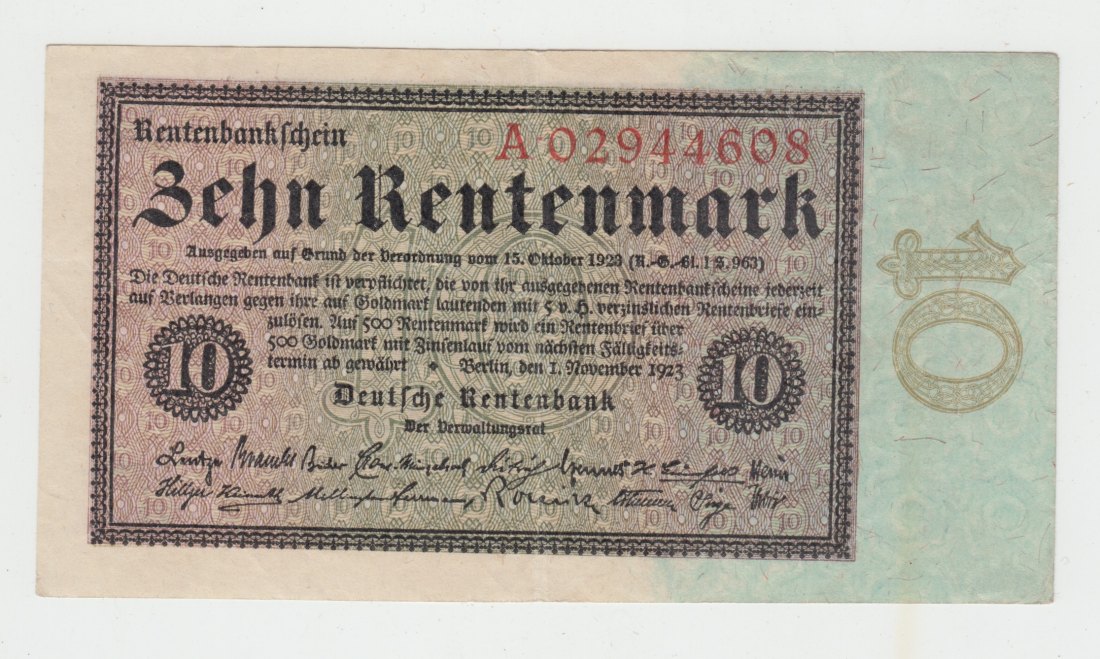  Ro. 157, Rentenbankschein, 10 Rentenmark vom 01.11.1923, A.02944608, leicht gebraucht II   