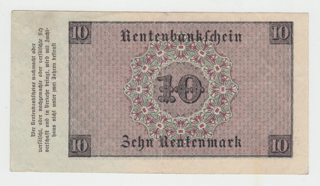  Ro. 157, Rentenbankschein, 10 Rentenmark vom 01.11.1923, A.02944608, leicht gebraucht II   