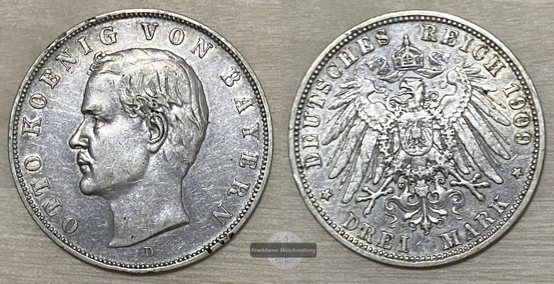  Deutsches Kaiserreich. Bayern, Otto.  3 Mark  1909 D   FM-Frankfurt   Feinsilber: 15g   