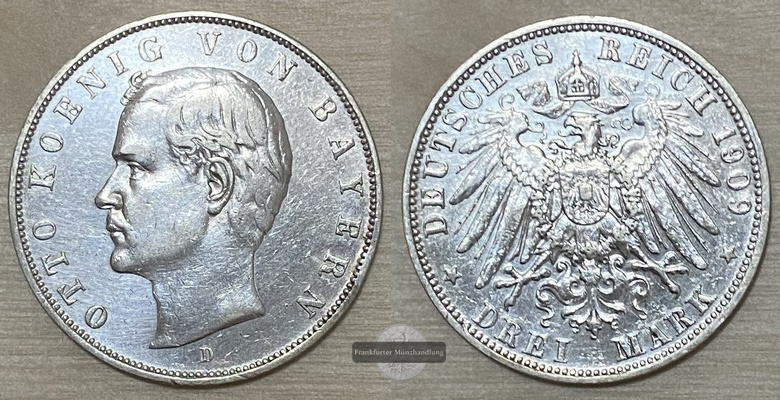  Deutsches Kaiserreich. Bayern, Otto.  3 Mark  1909 D   FM-Frankfurt   Feinsilber: 15g   