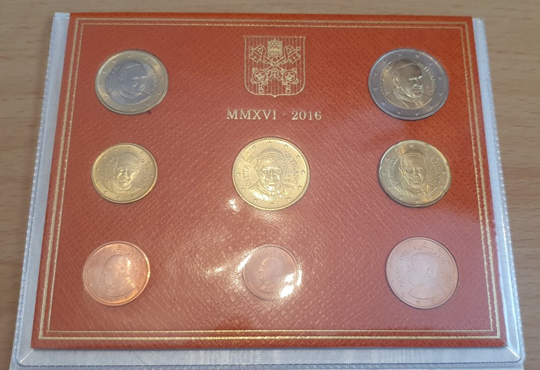  Vatikan 2016, originaler KMS zu 3,88 €, 8 Münzen von 1 Cent - 2 € im roten Originalfolder!   