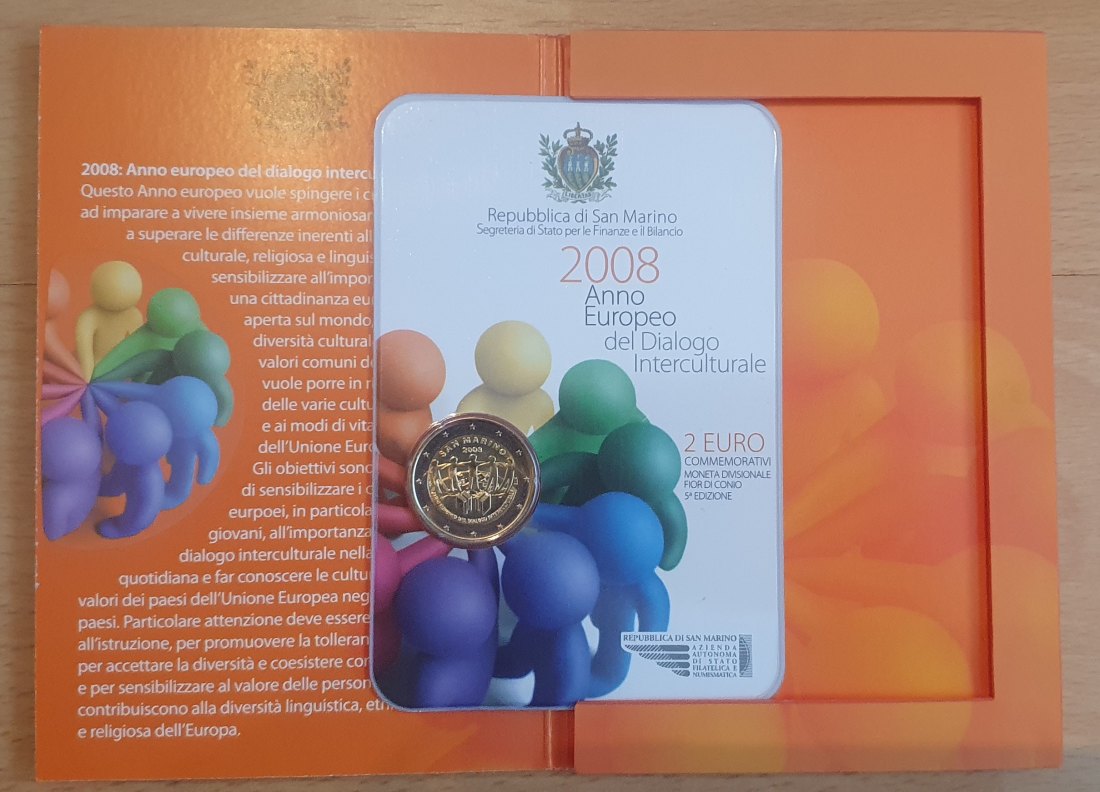  San Marino 2008, 2 € Gedenkmünze Interkultureller Dialog in Blisterkarte und Originalfolder!   