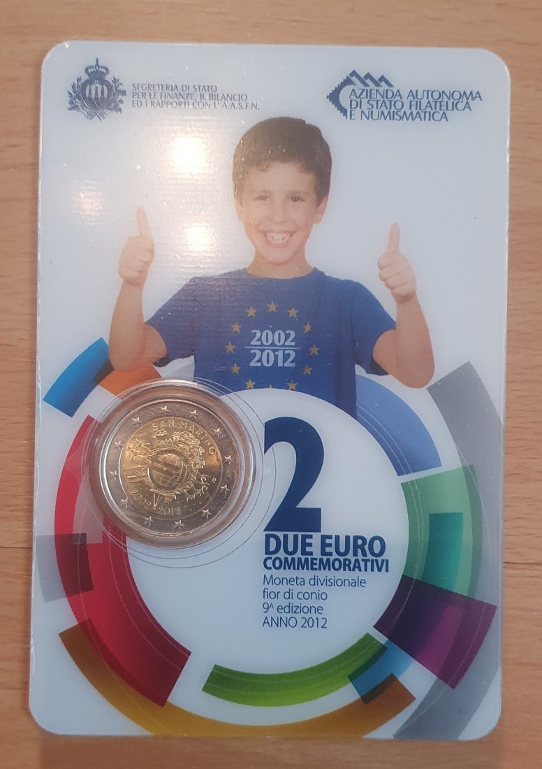  San Marino 2012, 2 € Gedenkmünze 10 Jahre Euro-Bargeld in Blisterkarte ohne Originalfolder!   