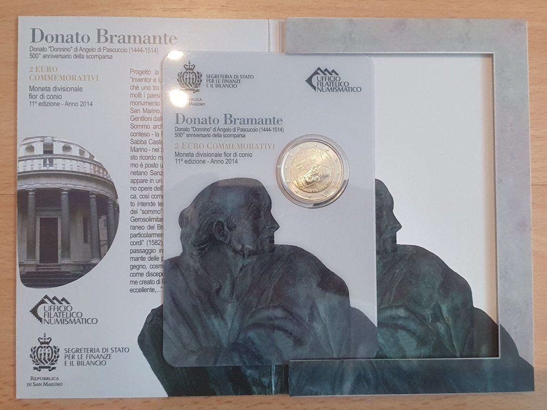  San Marino 2014, 2 € Gedenkmünze Bramante in Blisterkarte und Originalfolder!   