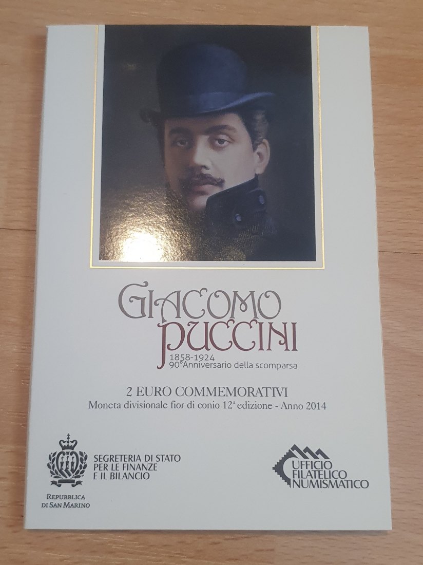  San Marino 2014, 2 € Gedenkmünze Puccini in Blisterkarte und Originalfolder!   