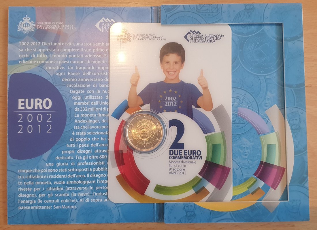  San Marino 2012, 2 € Gedenkmünze 10 Jahre Euro-Bargeld in Blisterkarte und Originalfolder!   