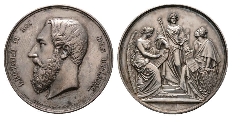  Medaille; Leopold II; Belgien; versilberte Bronze; 116,43 g; Ø 65,13 mm   