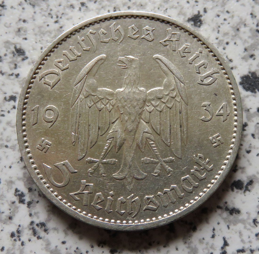  Drittes Reich 5 Reichsmark 1934 E, Kirche mit Datum   