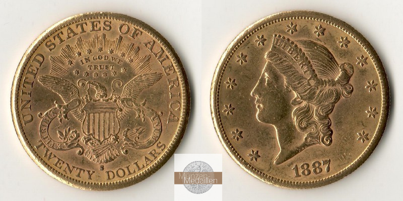 USA  20 Dollar MM-Frankfurt Feingold: 30,09g Kopf mit Krone 1887 S 