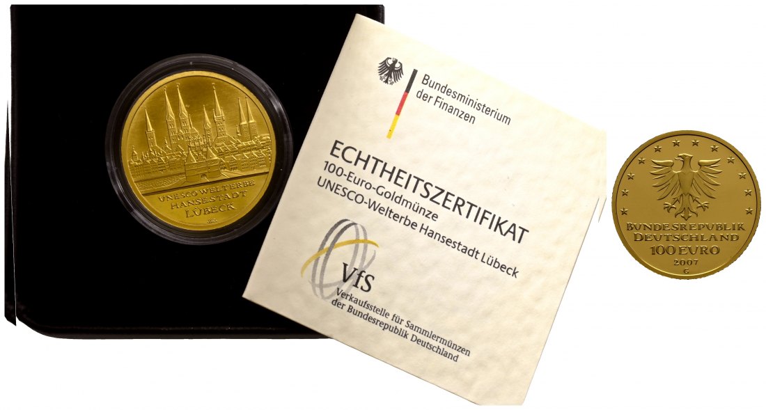 PEUS 1730 BRD 15,55 g Feingold. Lübeck incl. Etui und Zertifikat 100 Euro GOLD 2007 G Karlsruhe Stempelglanz (Kapsel)