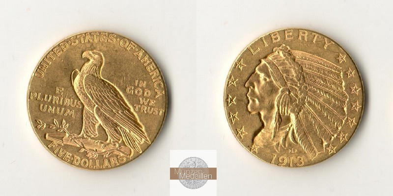 USA  5 Dollar MM-Frankfurt   Feingold: 7,52g Half Eagle 1913 