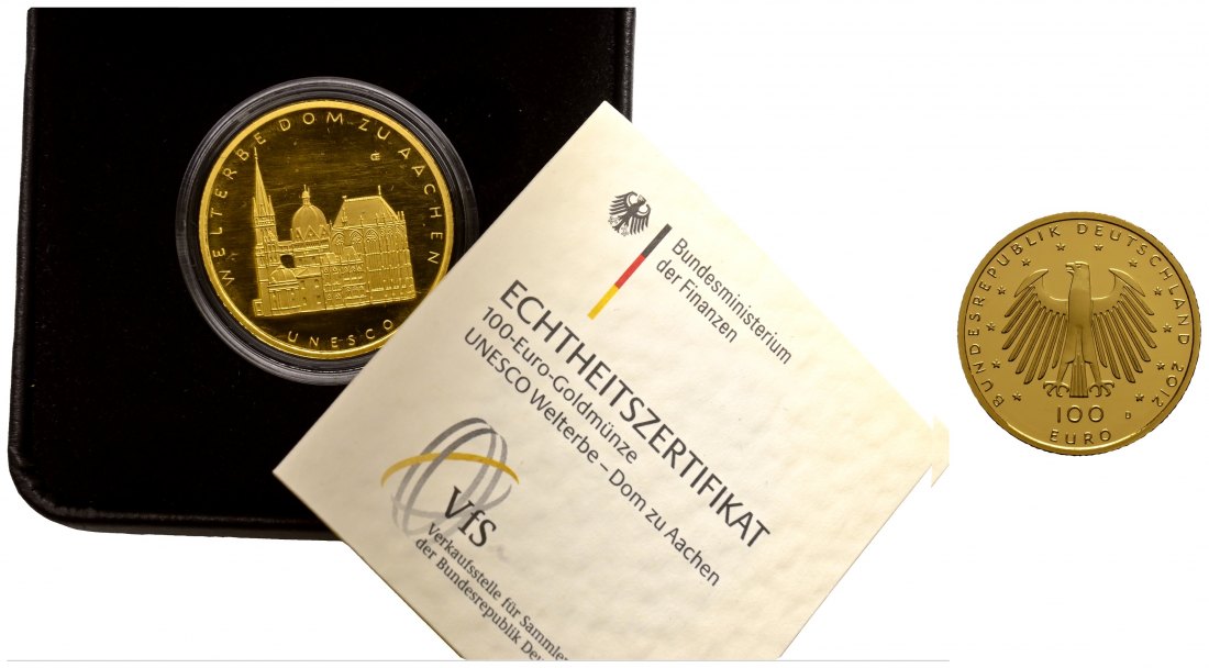 PEUS 1731 BRD 15,55 g Feingold. Dom zu Aachen MIT Etui + Zertifikat 100 Euro GOLD 2012 D München Stempelglanz (Kapsel)