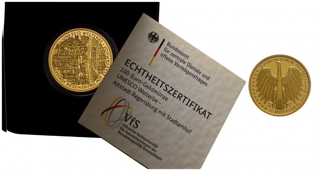 PEUS 1733 BRD 15,55 g Feingold. Regensburg  MIT Etui und Zertifikat 100 Euro GOLD 2016 A Berlin Stempelglanz (Kapsel)