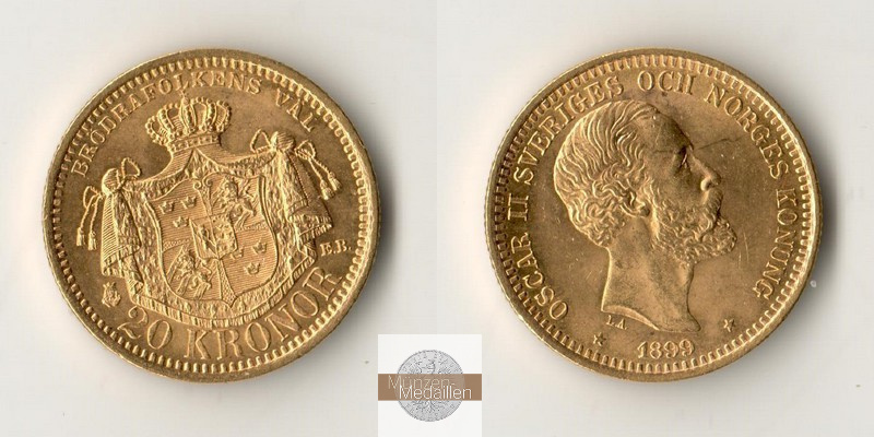 Schweden, Oscar II (1872-1907) MM-Frankfurt Feingold: 8,06g 20 Kronen 1899 