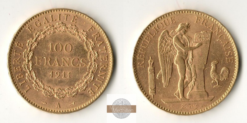 Frankreich MM-Frankfurt Feingewicht: 29,03g 100 Francs 1911 A 