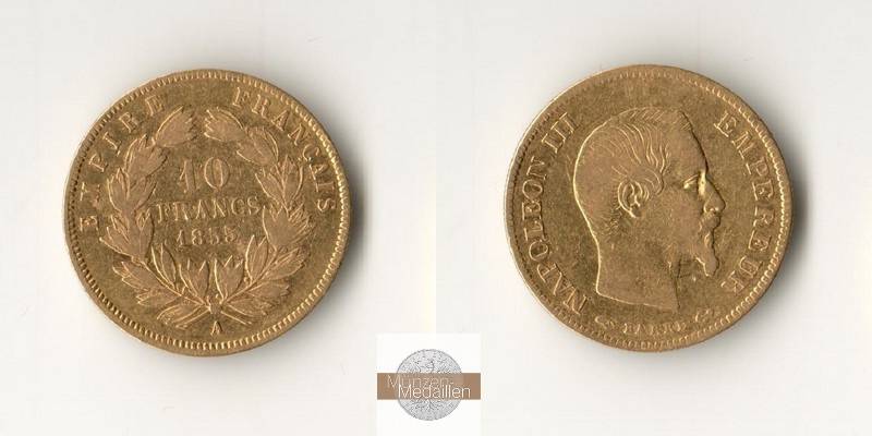 Frankreich MM-Frankfurt Feingold: 2,90g 10 Francs 1855 A 