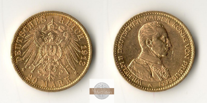 Preussen Kaiserreich  20 Mark MM-Frankfurt Feingold: 7,17g Wilhelm II. 1888-1918 Uniform 1913 A 