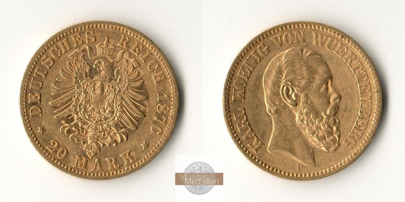 Würtemberg, Königreich MM-Frankfurt Feingewicht: 7,17g Gold 20 Mark 1876 F Karl 1864-1891