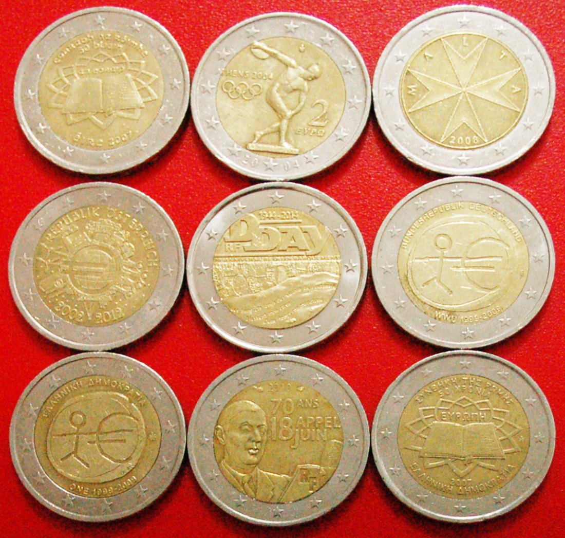  * 9 COMMEMORATIVE COINS: EUROPEAN UNION ★ 2 EURO DIFFERENT TYPES 2004-2014! ★LOW START★ NO RESERVE!   