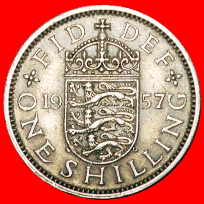  * ENGLISH CREST 1954-1970:GREAT BRITAIN★1 SHILLING 1957★ELIZABETH II 1953-2022★LOW START★NO RESERVE!   