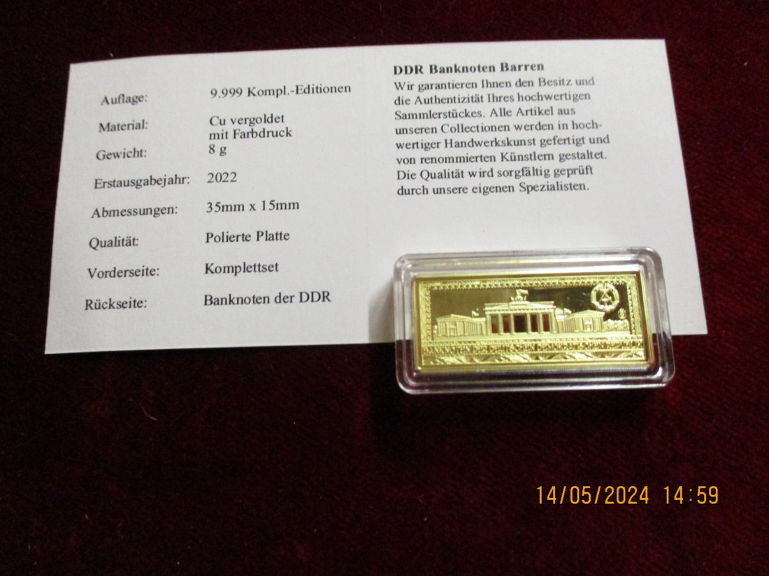  DDR Banknoten Barren mit Münzschatulle & Zertifikat / 5   