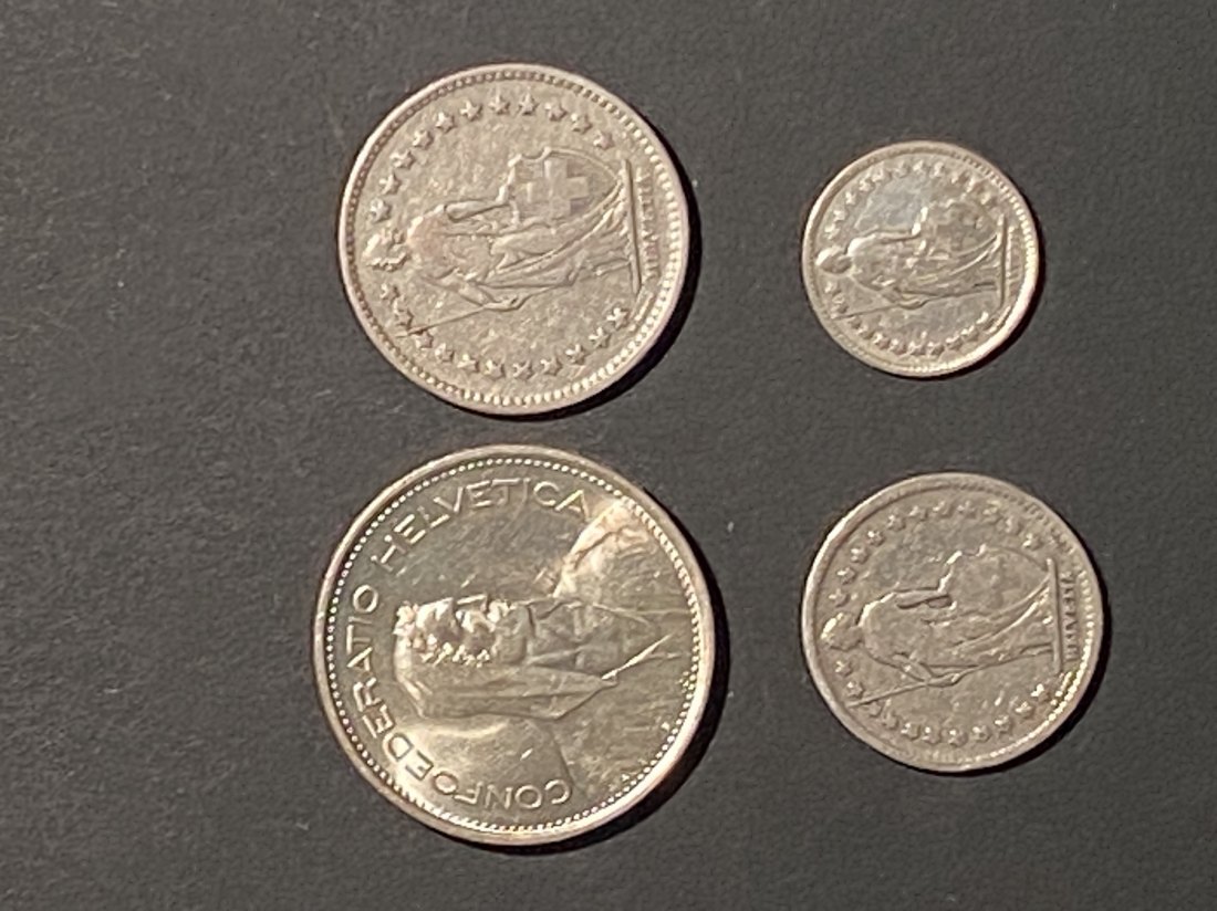  Convolut Schweizer Franken, 4 Silbermünzen 1907 bis 1967   