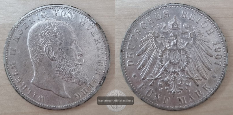  Württemberg, Kaiserreich  5 Mark  1907 F  FM-Frankfurt Feingewicht: 25g Silber   