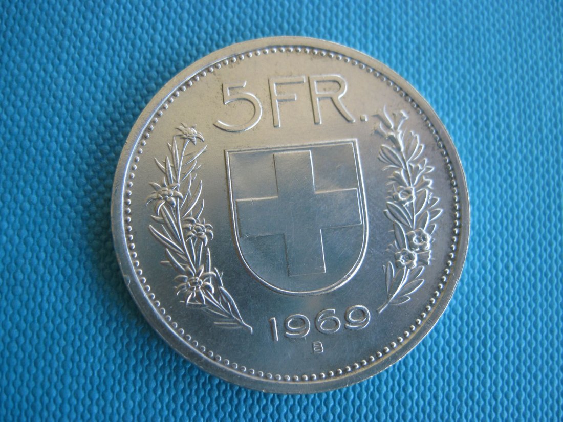  5 Franken Schweiz 1969 , sehr schöne Erhaltung, Silber , Silbermünze   