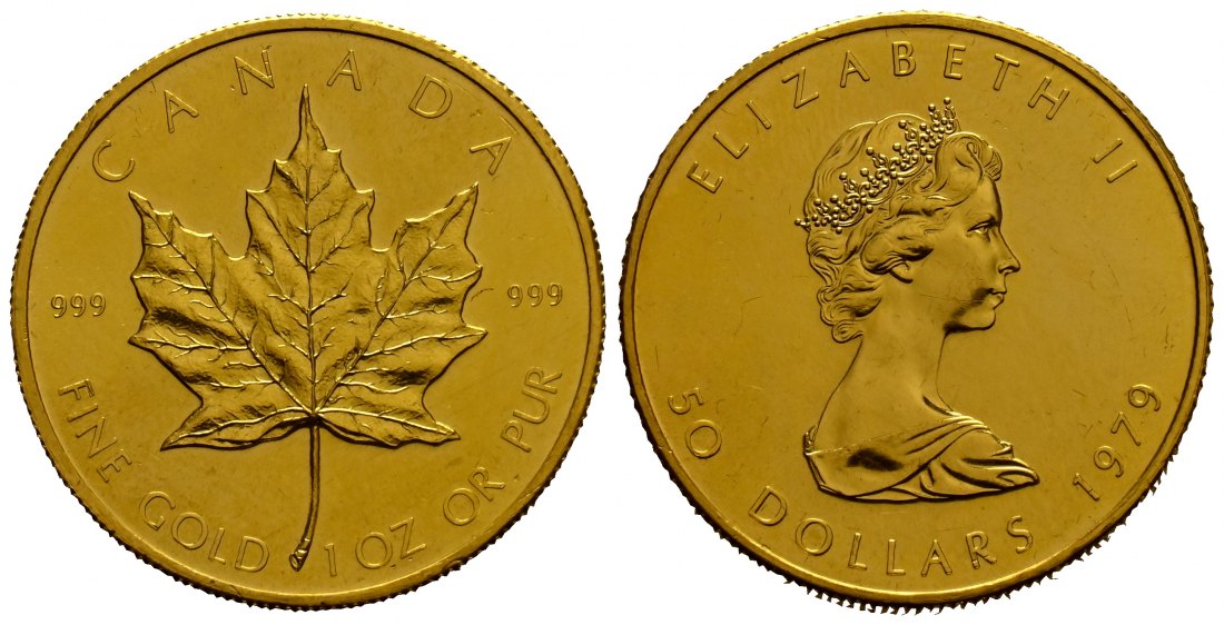 PEUS 1736 Kanada 31,1 g Feingold. Maple Leaf 50 Dollars GOLD Maple Leaf Unze 1979 Kl Kratzer, fast Stempelglanz