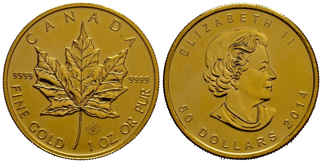 PEUS 1737 Kanada 31,1 g Feingold. Maple Leaf 50 Dollars GOLD Maple Leaf Unze 2014 Kl Kratzer, fast Stempelglanz