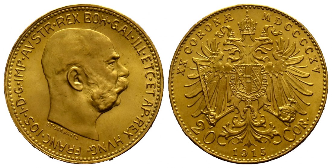 PEUS 1738 Österreich 6,1 g Feingold. Franz Joseph I. (1848 - 1916) 20 Kronen (off.NP) GOLD 1915 Stempelglanz