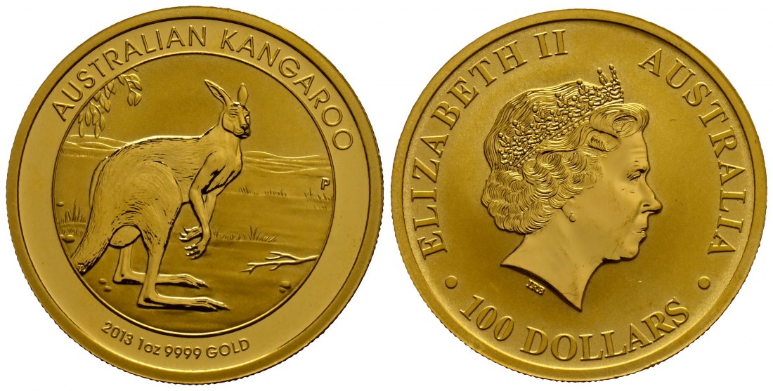 PEUS 1747 Australien 31,1 g Feingold. Känguru 100 Dollars GOLD Unze 2013P Uncirculated (Kapsel)