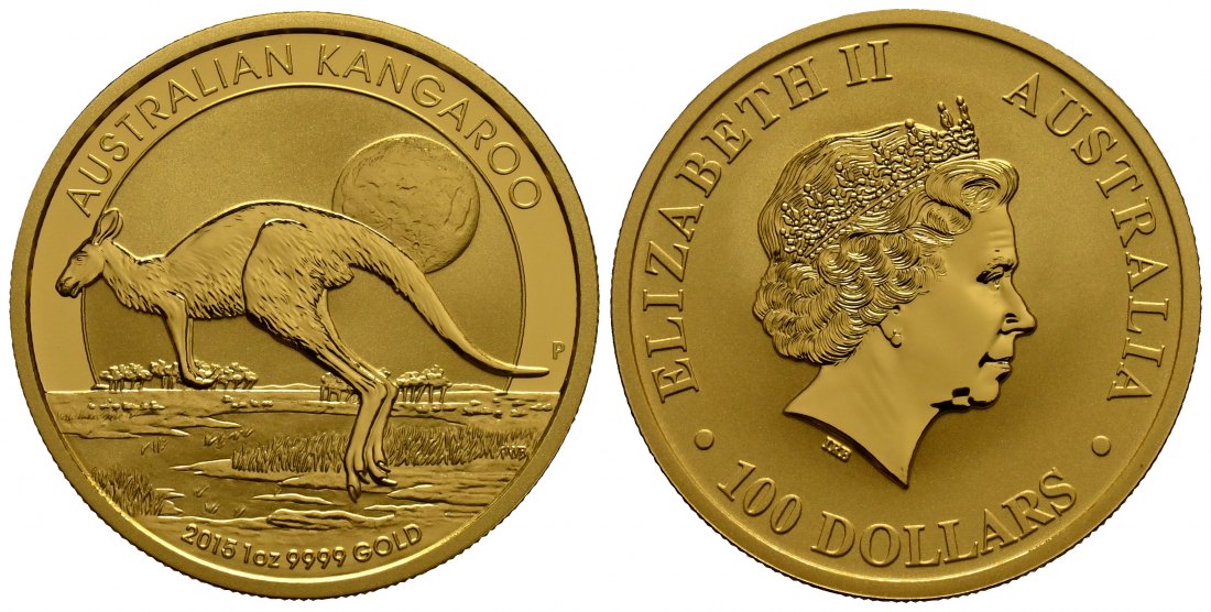 PEUS 1748 Australien 31,1 g Feingold. Hüpfendes Känguru nach links 100 Dollars GOLD Unze 2015P Uncirculated (Kapsel)