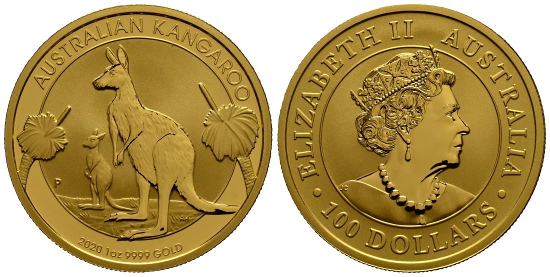 PEUS 1751 Australien 31,1 g Feingold. Kängurus nach links 100 Dollars GOLD Unze 2020P Uncirculated (Kapsel)