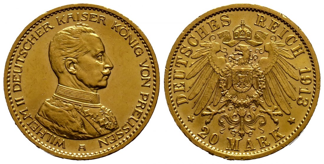 PEUS 1753 Preußen - Kaiserreich 7,16 g Feingold. Kaiser Wilhelm II. (1888 - 1918) in Kürassieruniform 20 Mark GOLD 1913 A Kl. Kratzer, Vorzüglich