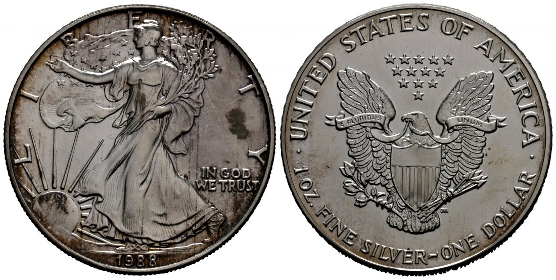 PEUS 1754 USA 31,1 g Feinsilber. American Eagle Dollar SILBER Unze 1988 Patina, fast Stempelglanz