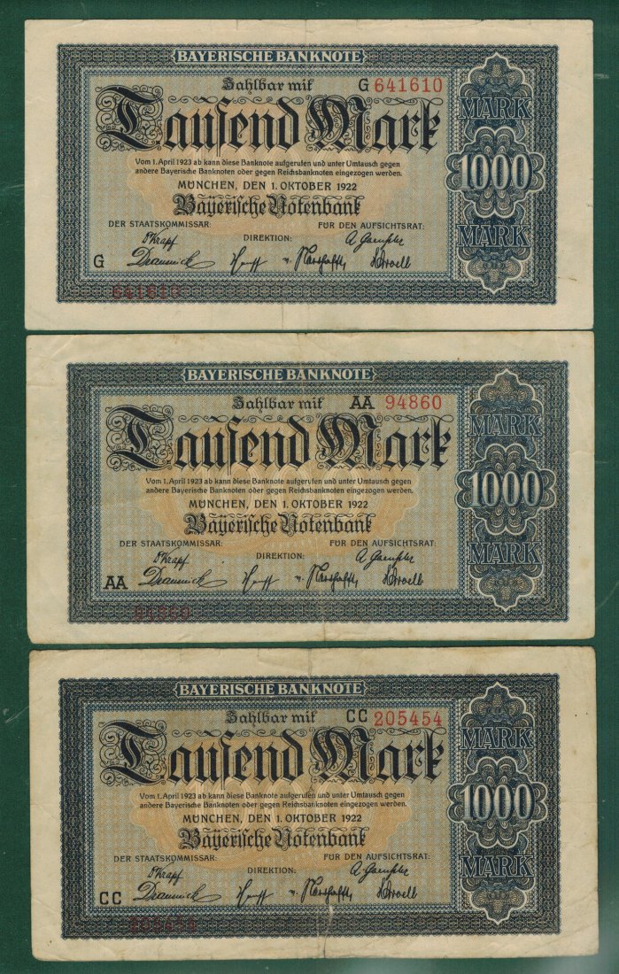  Weimarer Republik, Länderbanknoten – BAY-05a,b,c - 1.000 Mark 1922 - gebraucht   