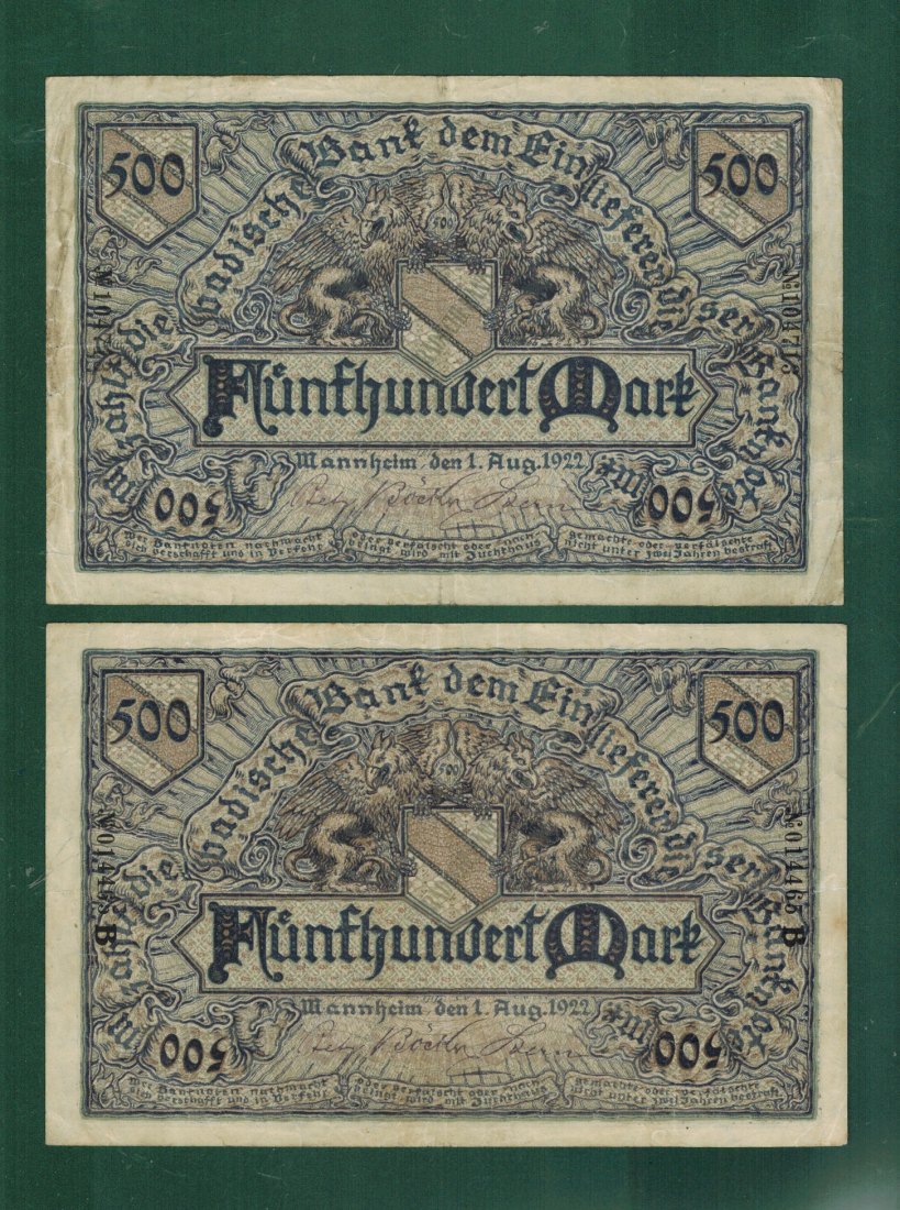  Weimarer Republik, Länderbanknoten – BAD-07a,b - 500 Mark 1922 - gebraucht   