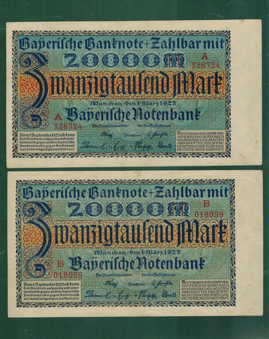  Weimarer Republik, Länderbanknoten – BAY-07a,b - 20.000 Mark 1923 - Serie:B sehr selten - gebraucht   