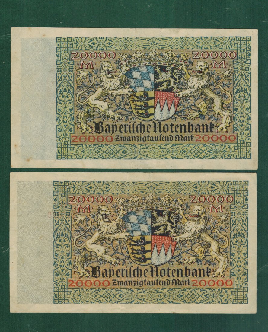  Weimarer Republik, Länderbanknoten – BAY-07a,b - 20.000 Mark 1923 - Serie:B sehr selten - gebraucht   