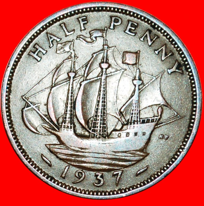  * SCHIFF (1937-1970): GROSSBRITANNIEN ★ HALBER PENNY 1937! GEORG VI. (1937-1952) OHNE VORBEHALT!   