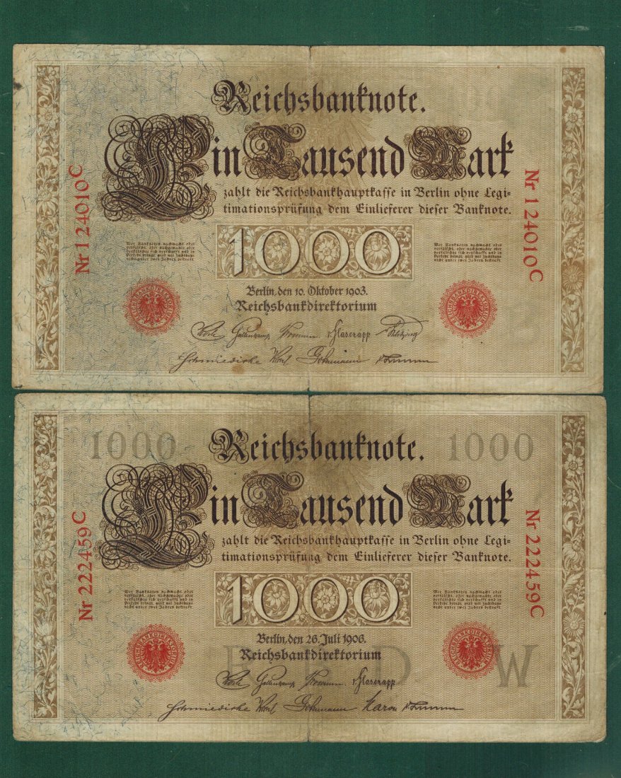  Kaiserreich, Reichsbanknoten – DEU-14+24 - 1.000 Mark 1903+1906 - gebraucht   