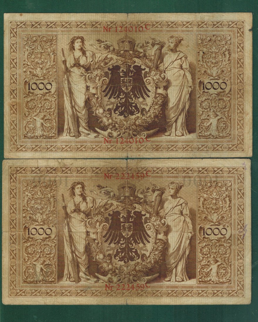  Kaiserreich, Reichsbanknoten – DEU-14+24 - 1.000 Mark 1903+1906 - gebraucht   