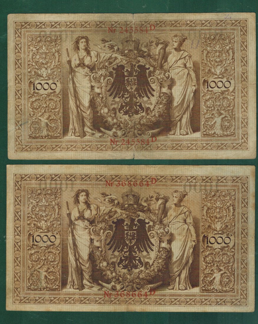  Kaiserreich, Reichsbanknoten – DEU-33+36 - 1.000 Mark 1908+1909 - gebraucht   