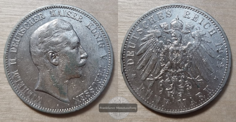  Deutsches Kaiserreich Preussen Wilhelm II. 1888-1918 5 Mark 1902 A  FM-Frankfurt Feinsilber: 25g   